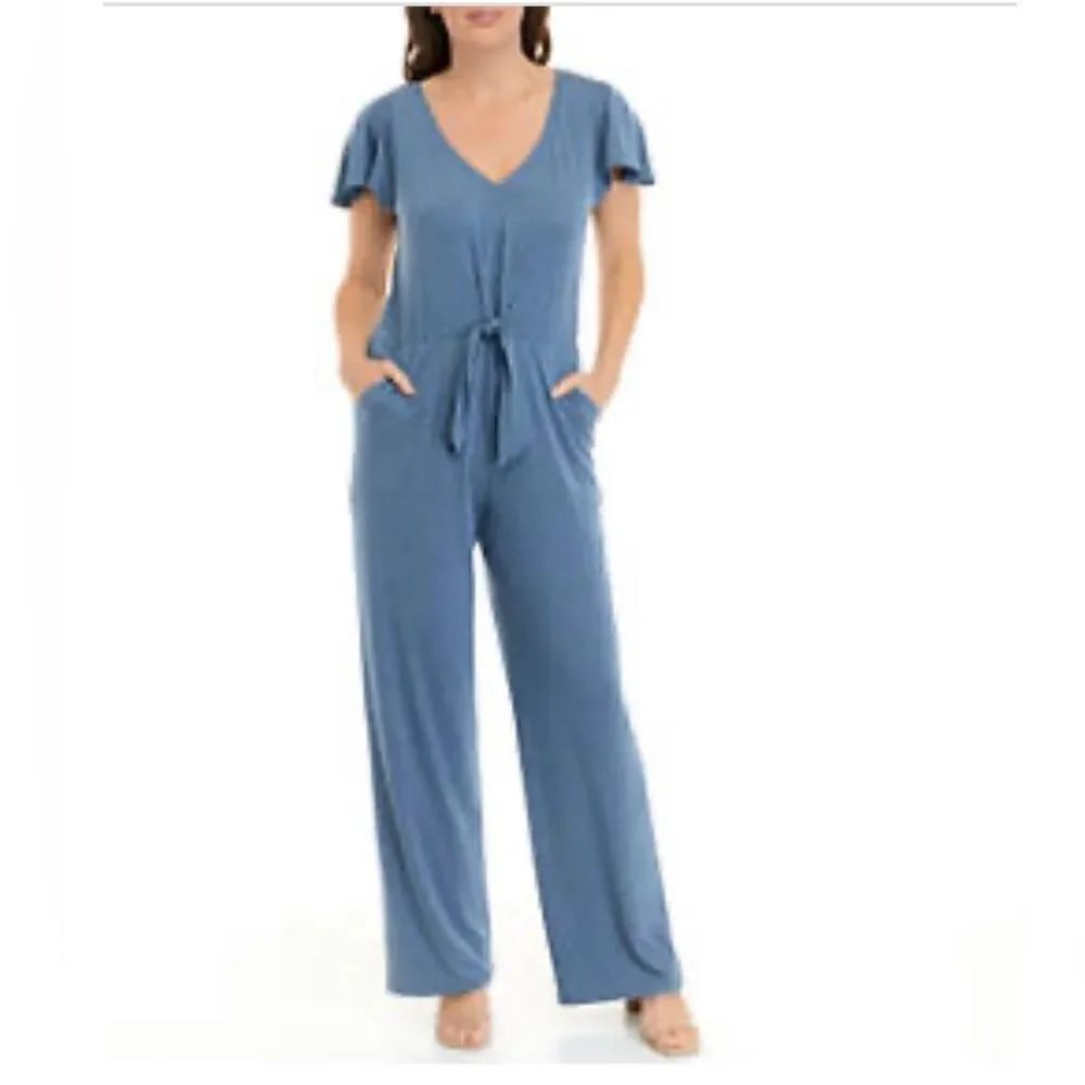 Juniors' Short Flutter Sleeve Tie Front Jumpsuit